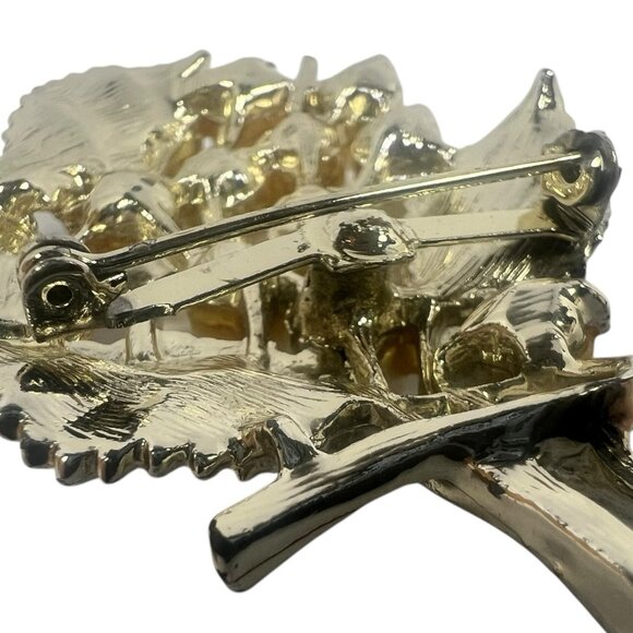 Vintage Grape Cluster Brooch Faux Pearls Black Leaves Gold Tone Mid Century - Picture 3 of 5